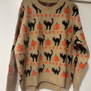 Vince Camuto Women Tan and Orange Black Cat and Pumpkin Sweater